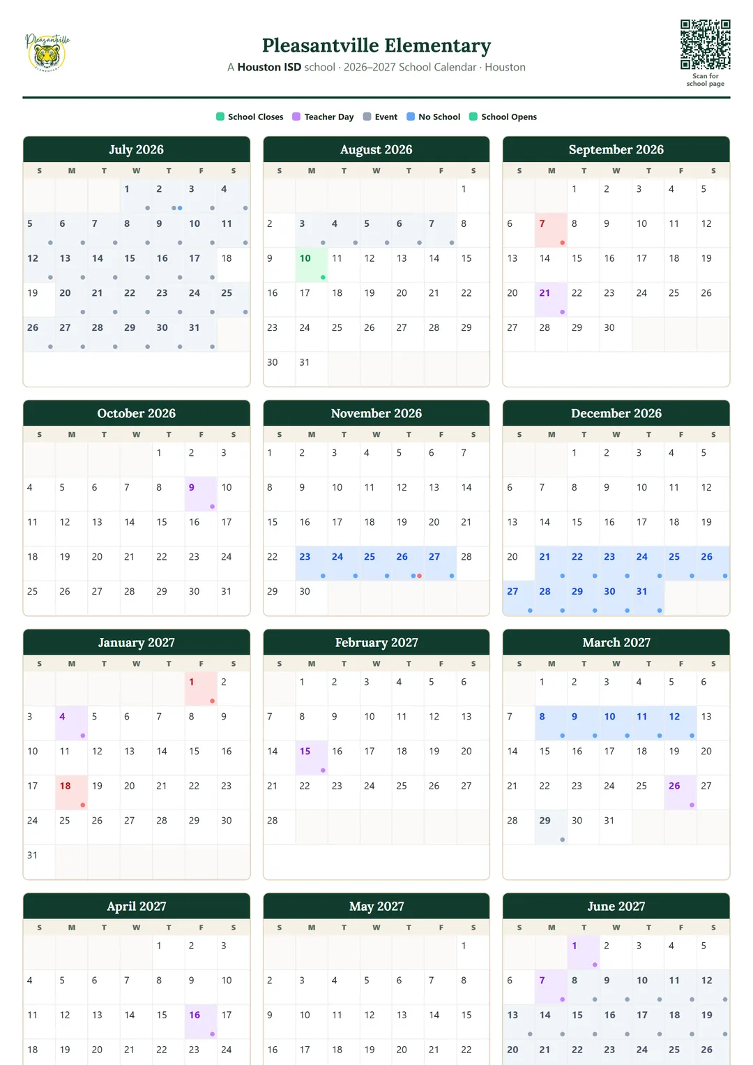 Pleasantville Elementary printable 2026–2027 calendar