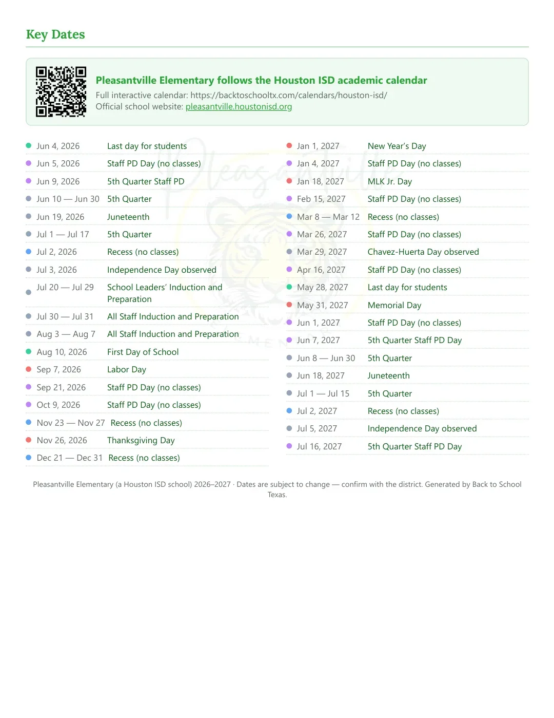 Pleasantville Elementary Calendar for the Year 26-27 — key dates