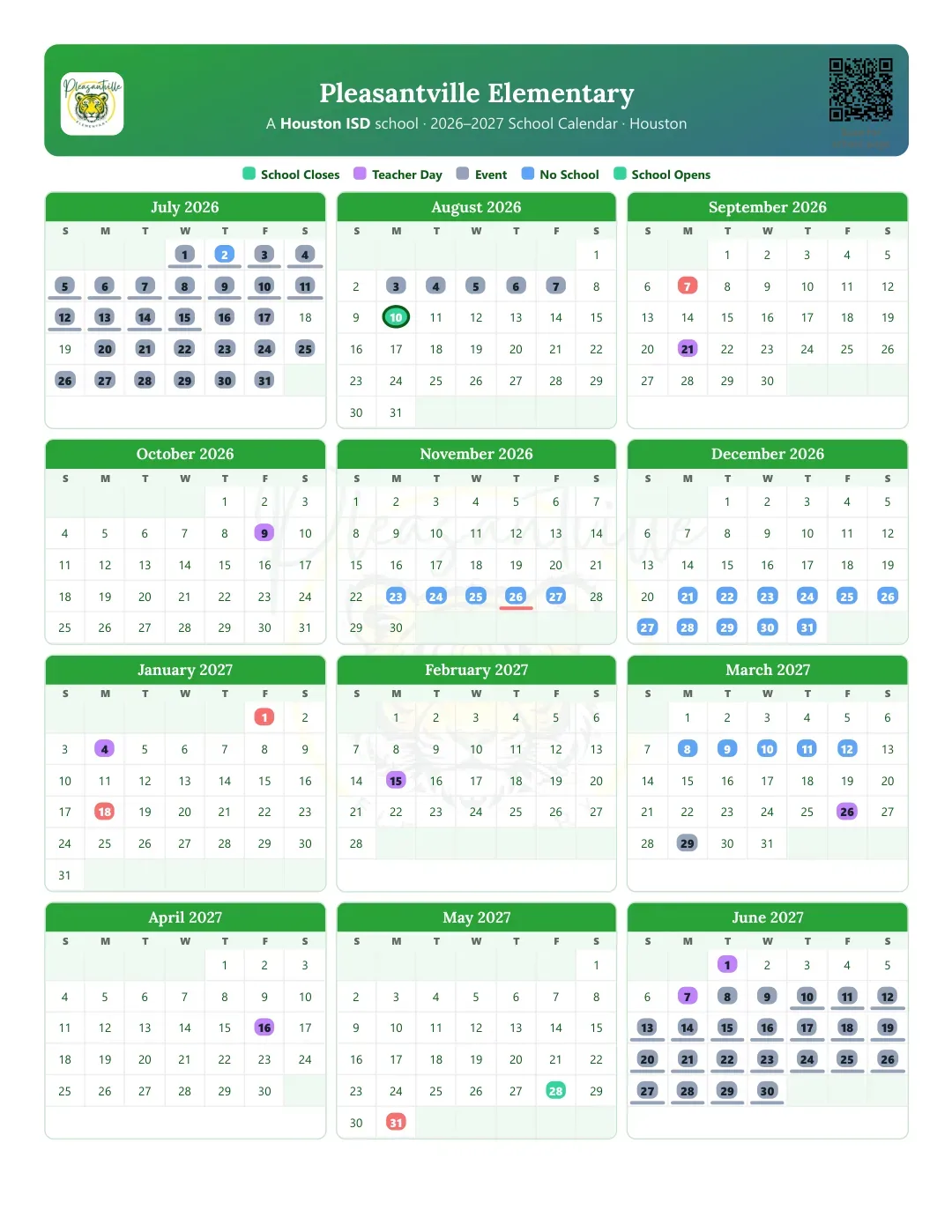 Pleasantville Elementary Calendar for the Year 26-27