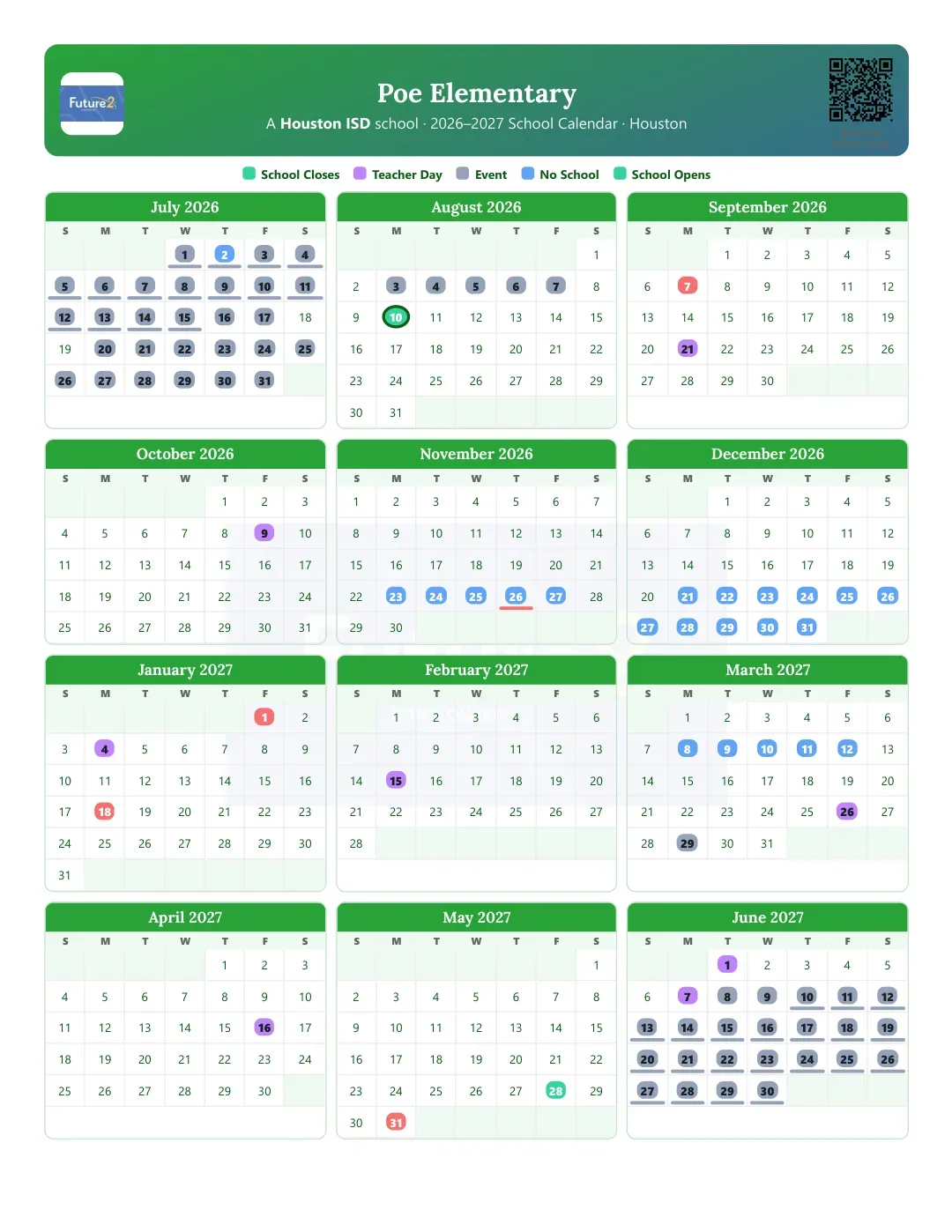 Poe Elementary Calendar for the Year 26-27