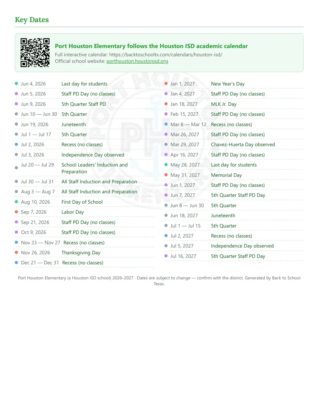 Port Houston Elementary Calendar for the Year 26-27 — key dates