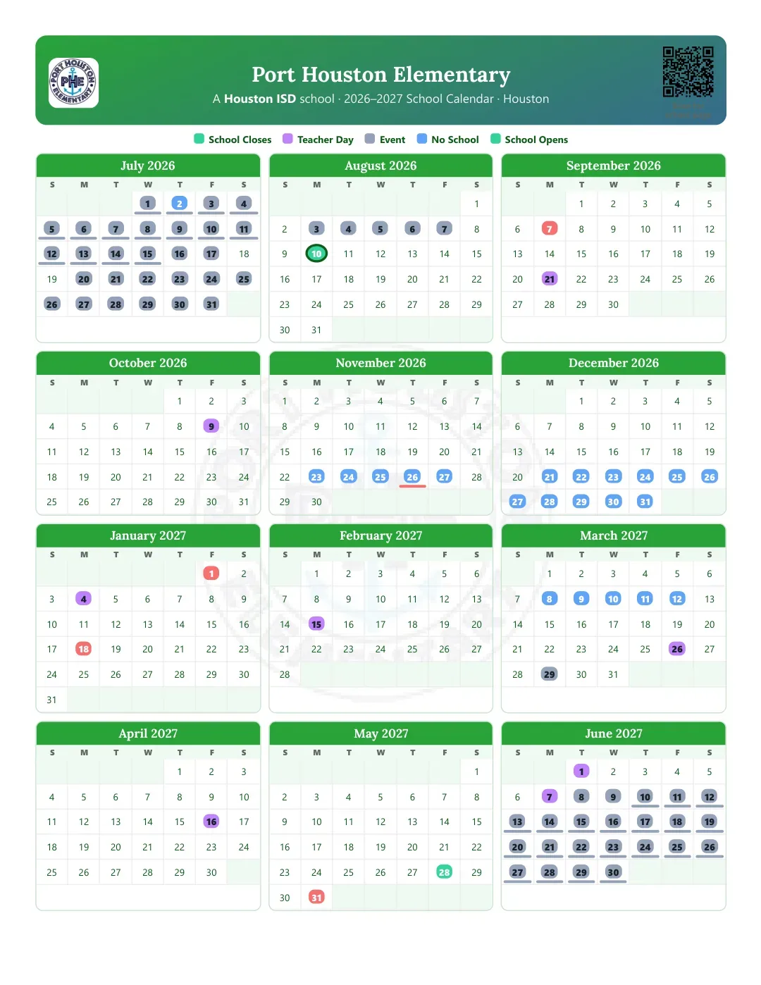 Port Houston Elementary Calendar for the Year 26-27