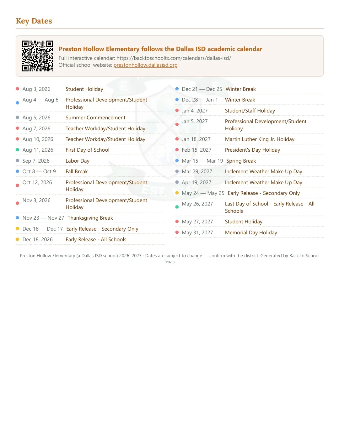 Preston Hollow Elementary Calendar for the Year 26-27 — key dates