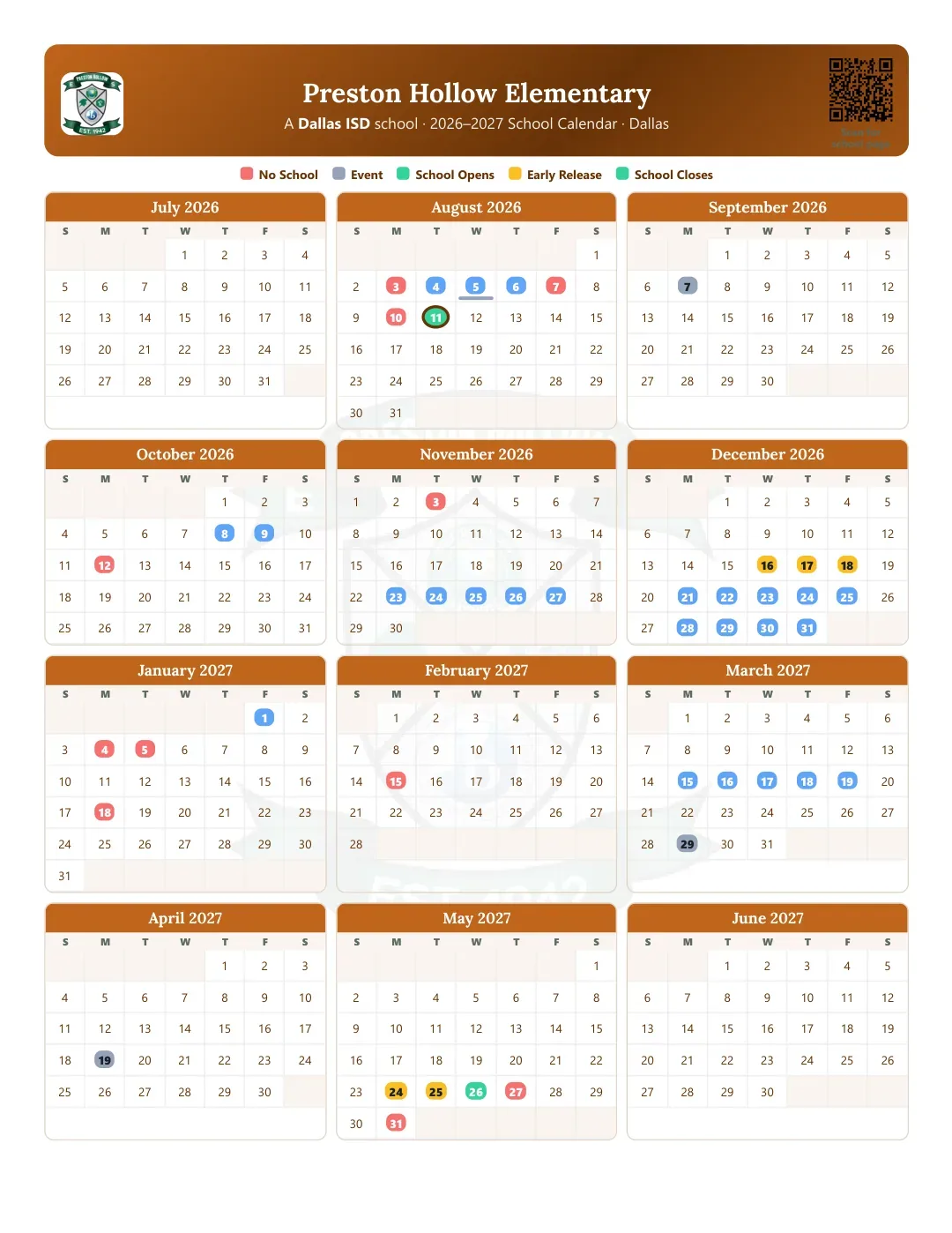 Preston Hollow Elementary Calendar for the Year 26-27