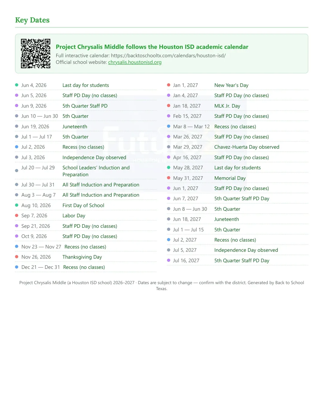Project Chrysalis Middle Calendar for the Year 26-27 — key dates
