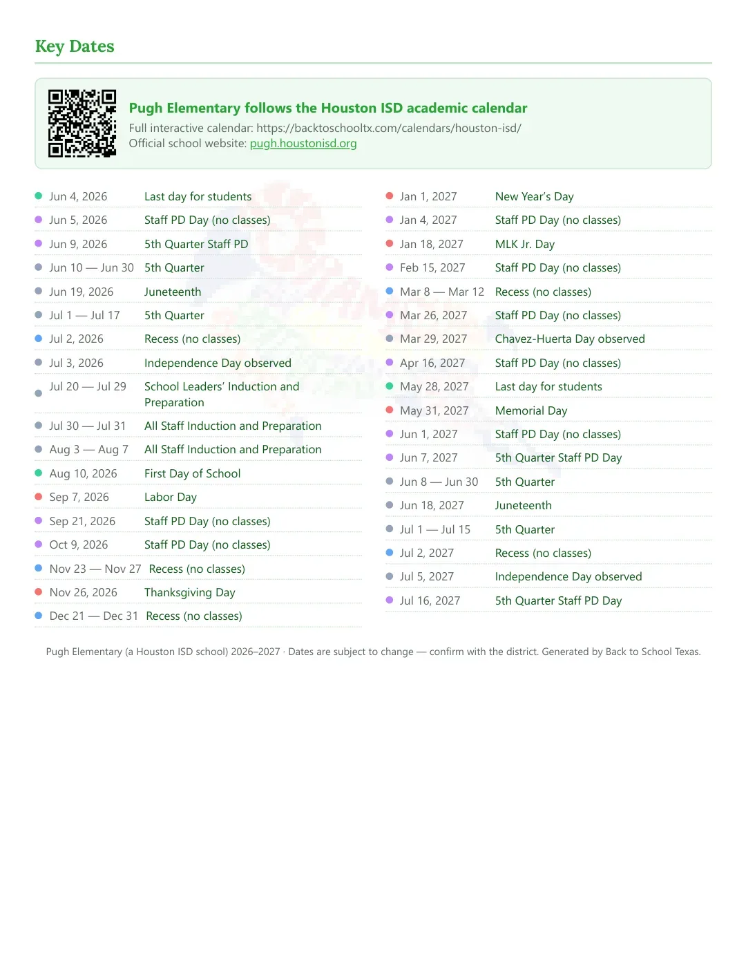 Pugh Elementary Calendar for the Year 26-27 — key dates
