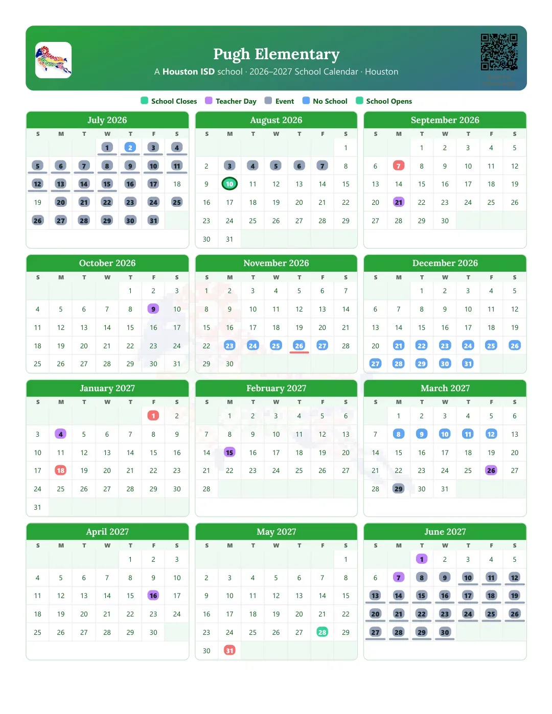 Pugh Elementary Calendar for the Year 26-27