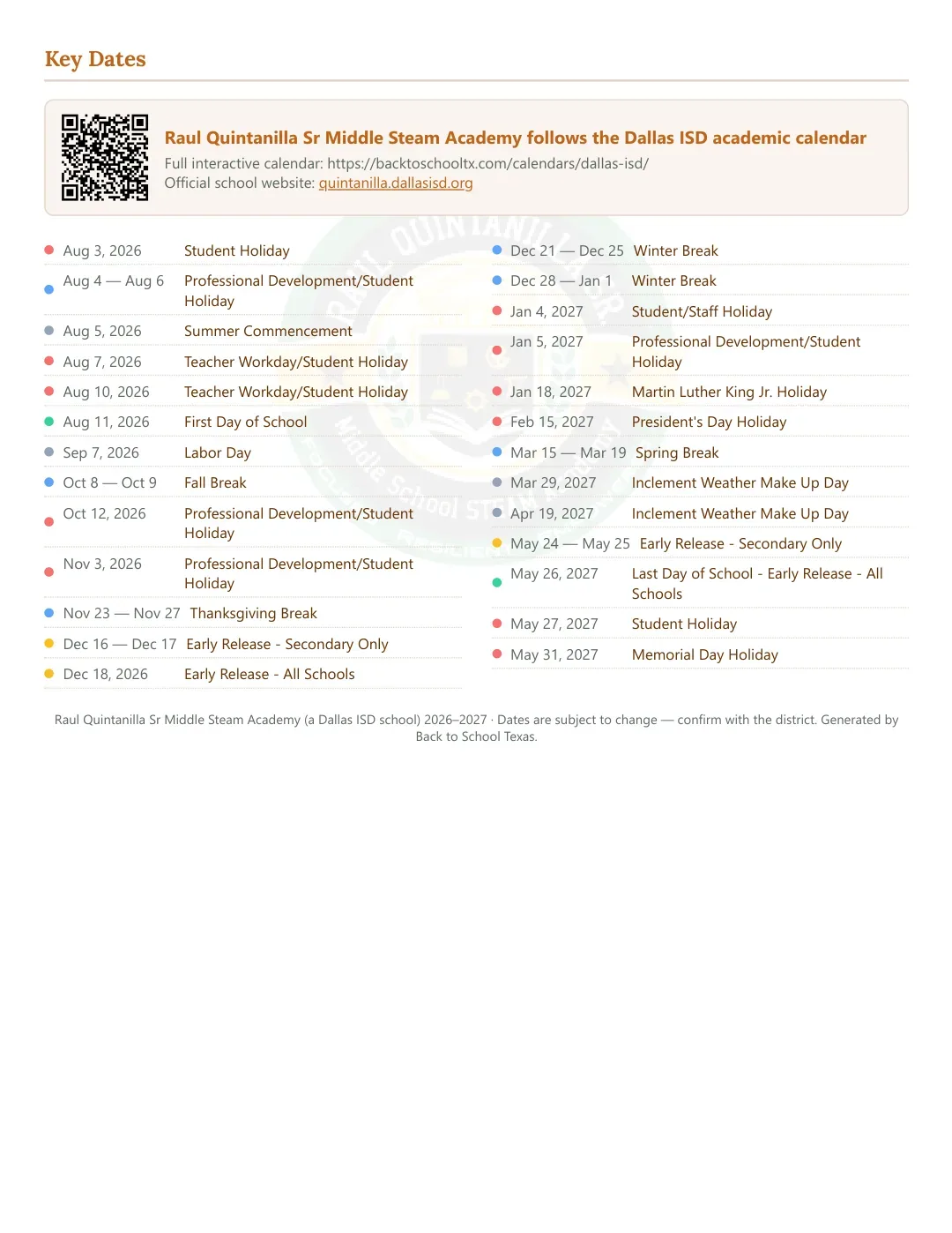 Raul Quintanilla Sr Middle Steam Academy Calendar for the Year 26-27 — key dates