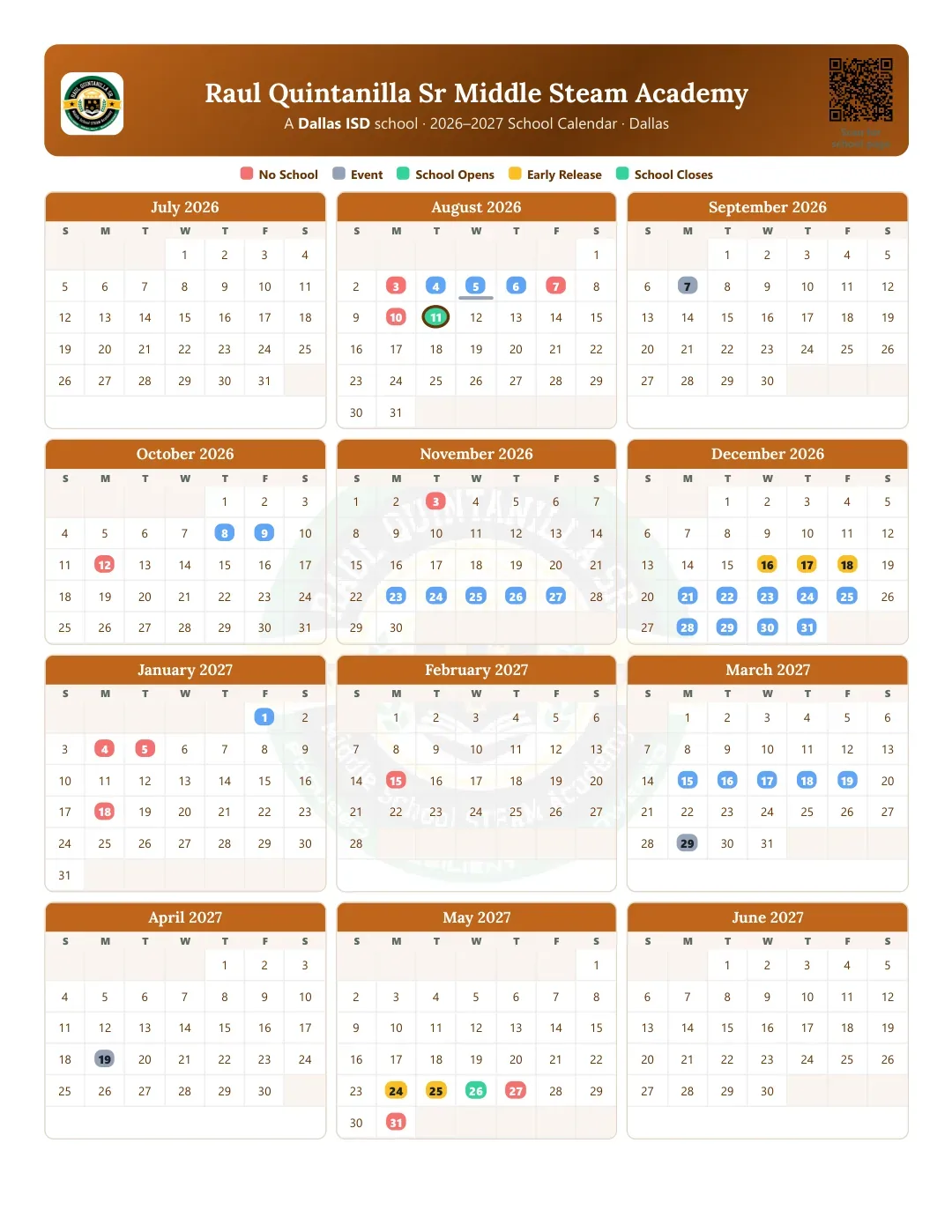 Raul Quintanilla Sr Middle Steam Academy Calendar for the Year 26-27