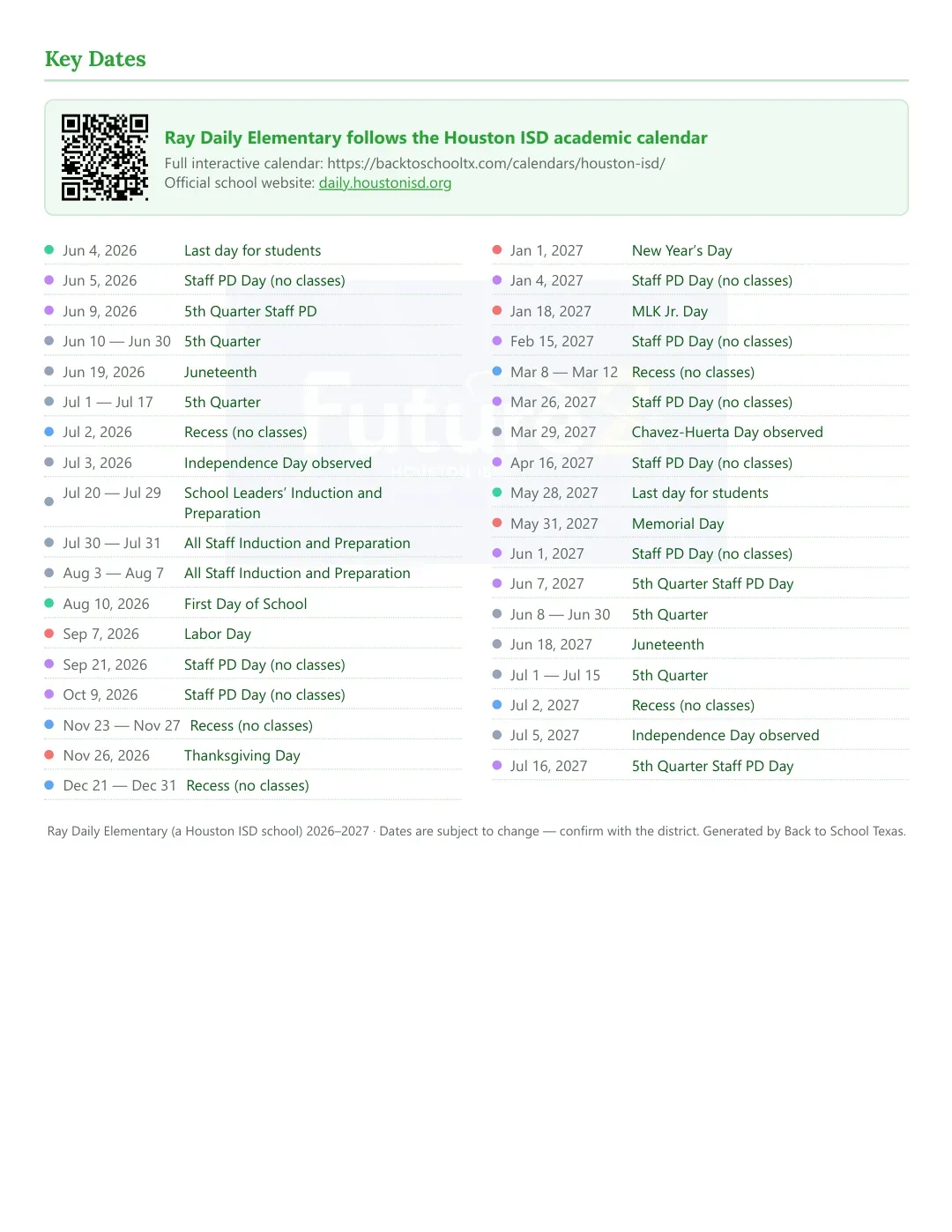 Ray Daily Elementary Calendar for the Year 26-27 — key dates