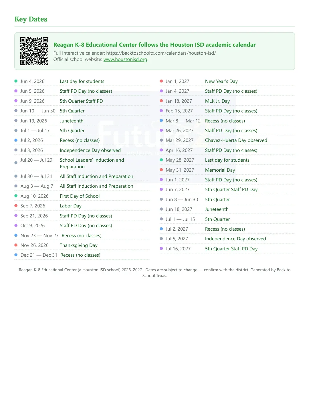 Reagan K-8 Educational Center Calendar for the Year 26-27 — key dates