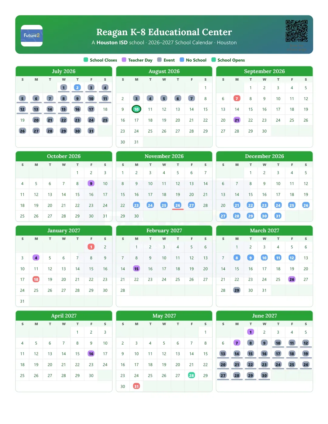 Reagan K-8 Educational Center Calendar for the Year 26-27
