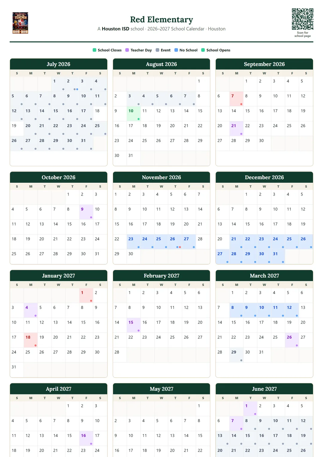 Red Elementary printable 2026–2027 calendar