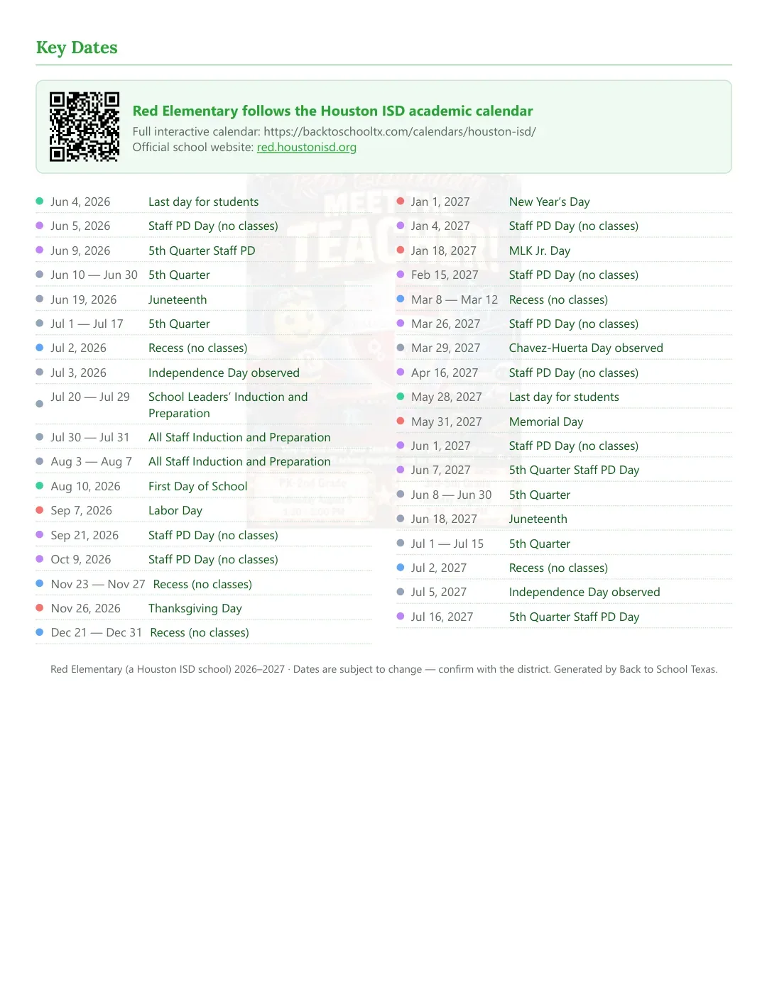 Red Elementary Calendar for the Year 26-27 — key dates