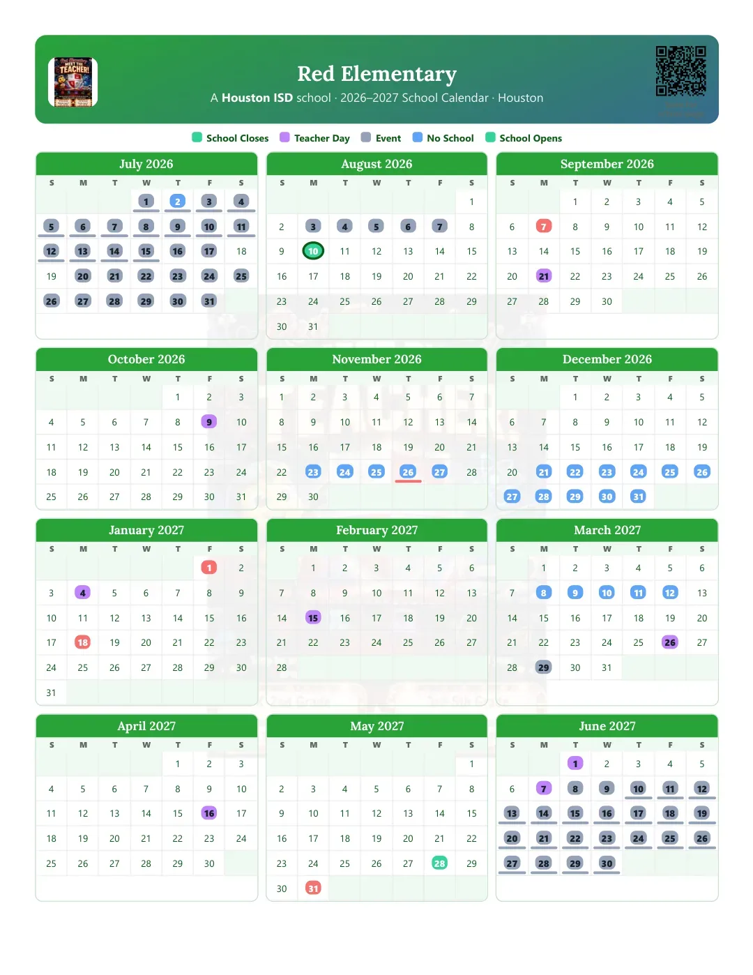Red Elementary Calendar for the Year 26-27