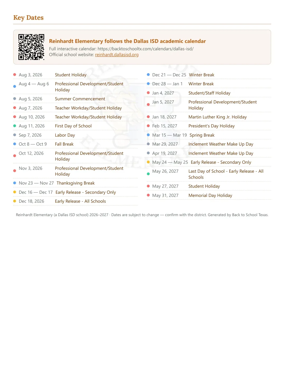 Reinhardt Elementary Calendar for the Year 26-27 — key dates