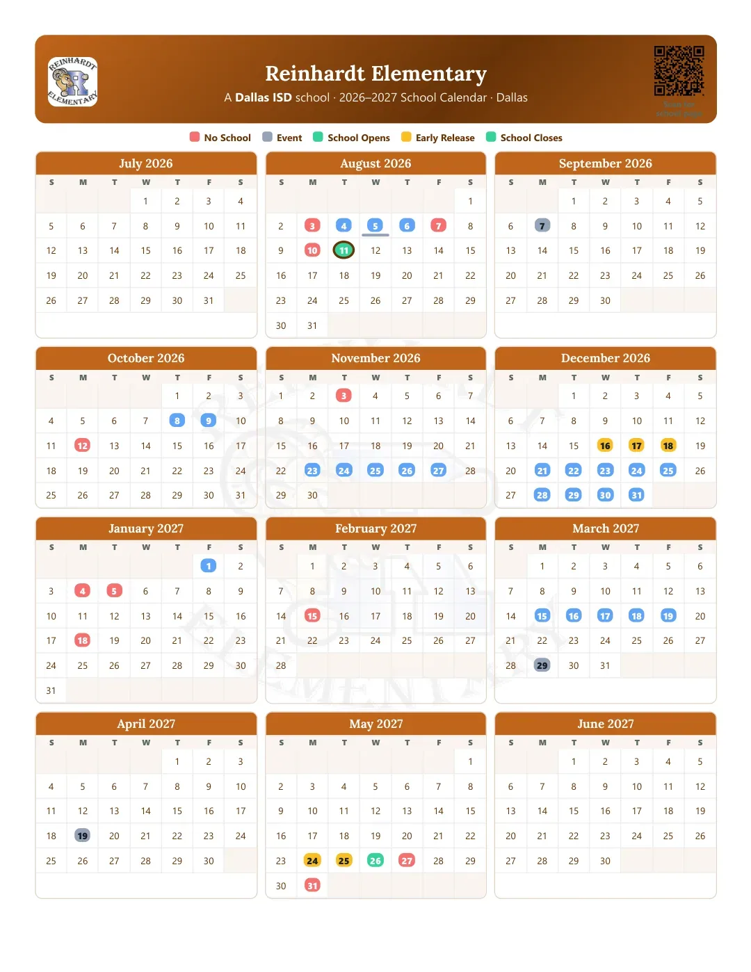 Reinhardt Elementary Calendar for the Year 26-27