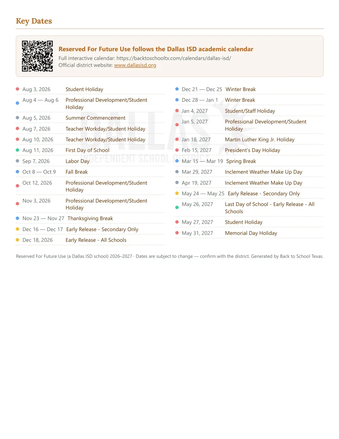 Reserved For Future Use Calendar for the Year 26-27 — key dates