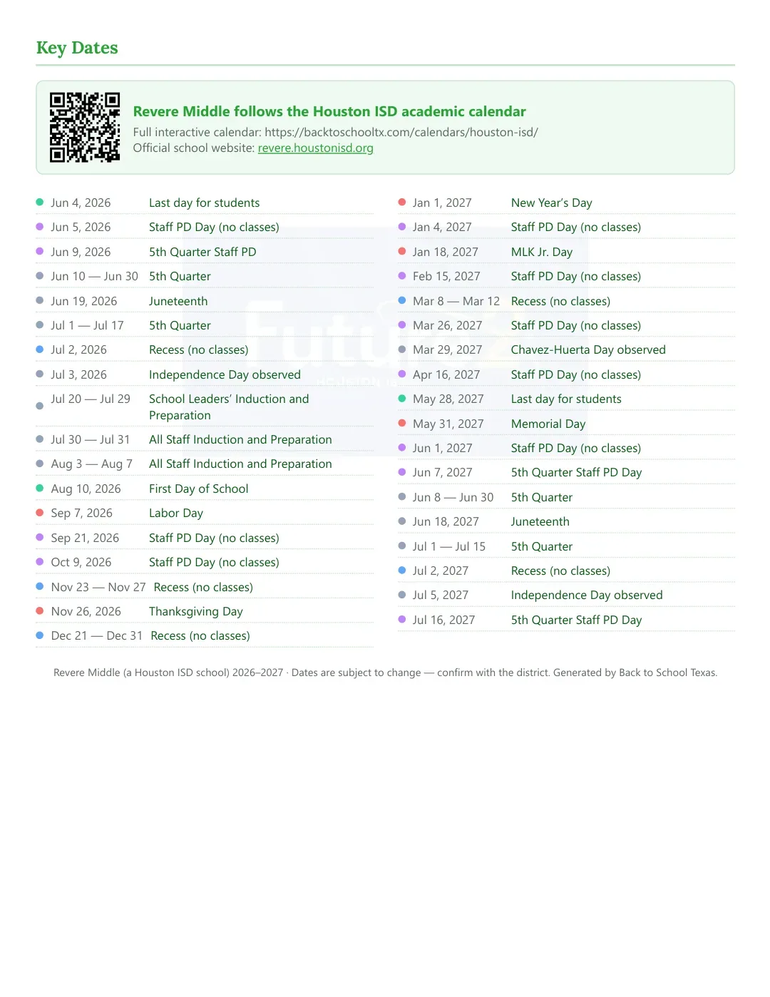 Revere Middle Calendar for the Year 26-27 — key dates
