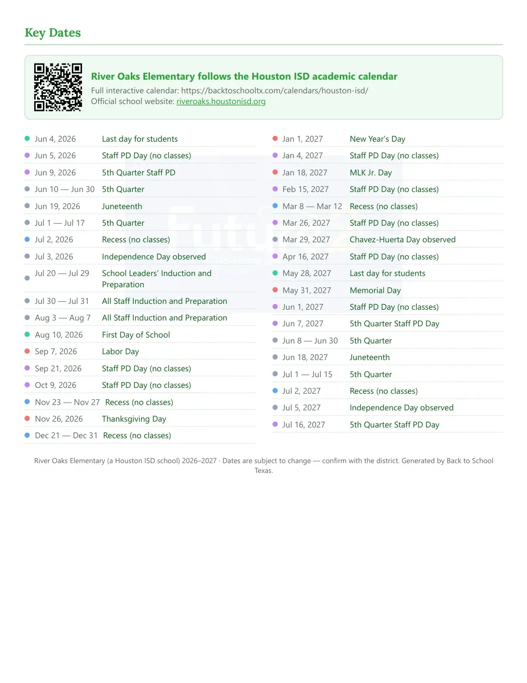 River Oaks Elementary Calendar for the Year 26-27 — key dates