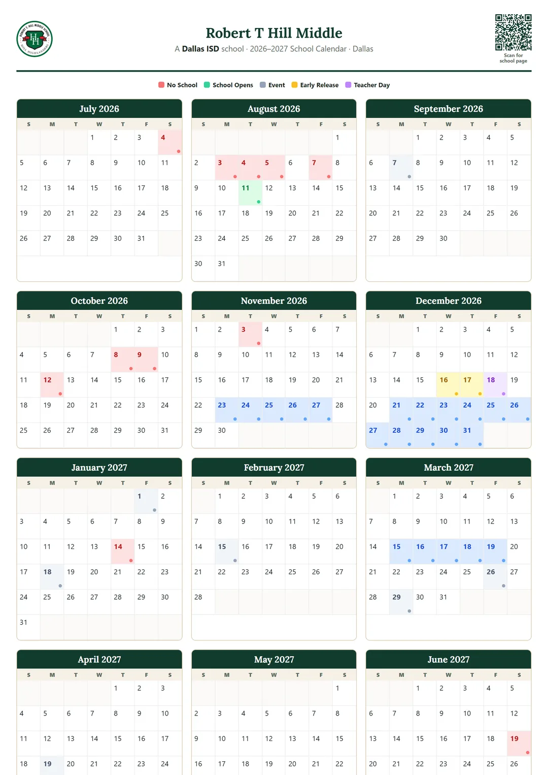 Robert T Hill Middle printable 2026–2027 calendar