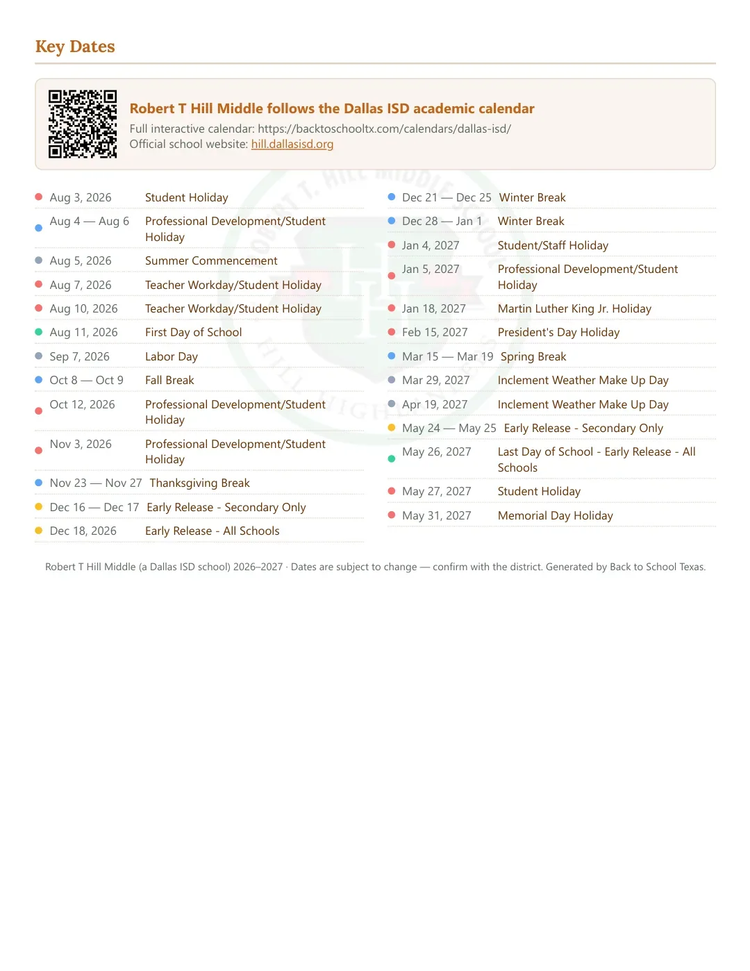 Robert T Hill Middle Calendar for the Year 26-27 — key dates