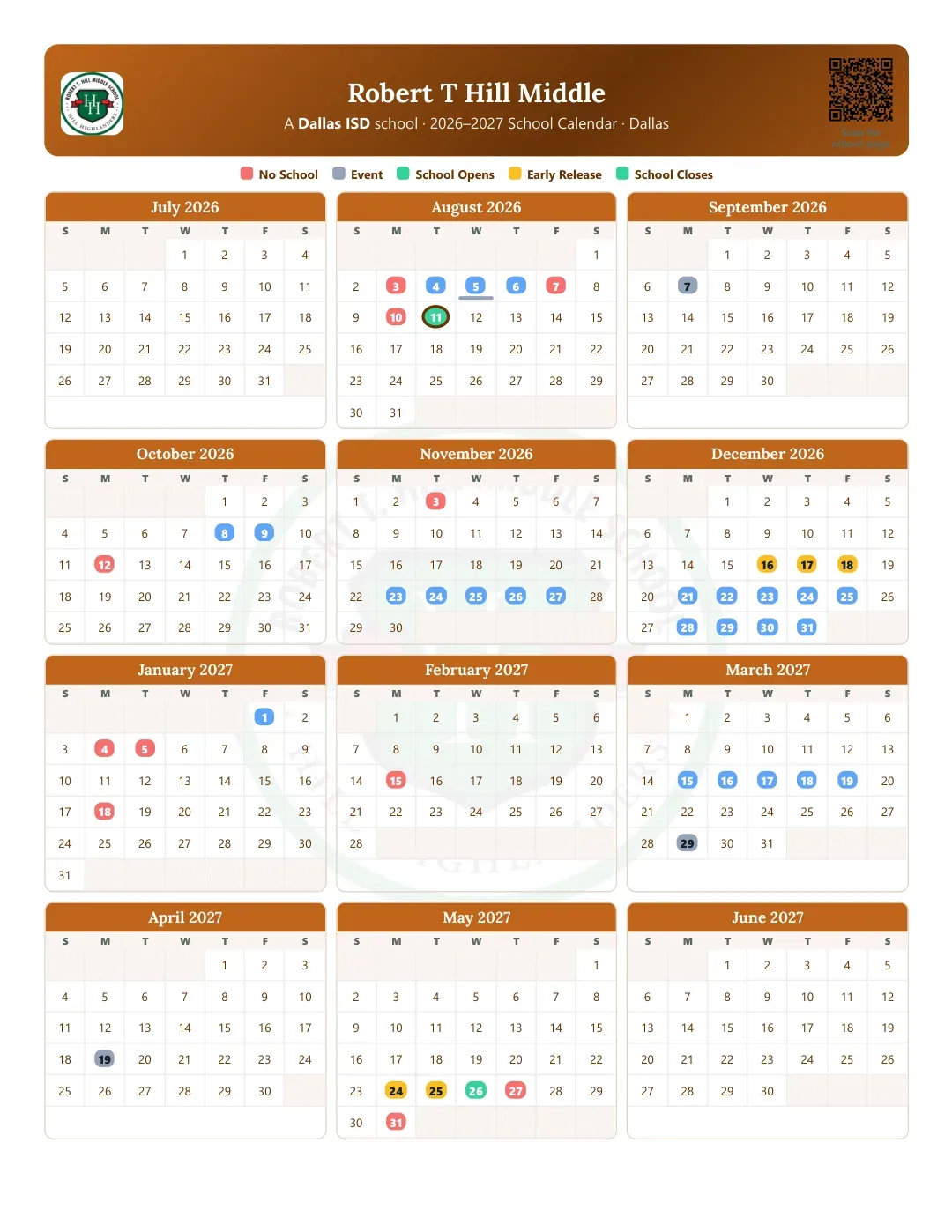 Robert T Hill Middle Calendar for the Year 26-27