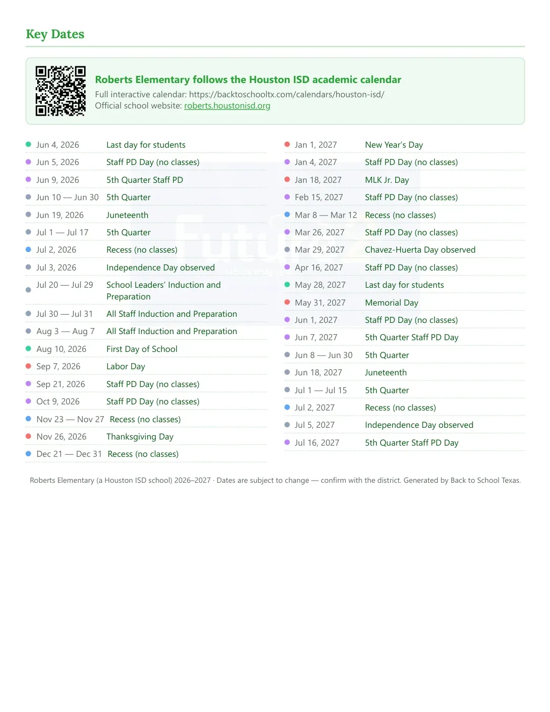 Roberts Elementary Calendar for the Year 26-27 — key dates