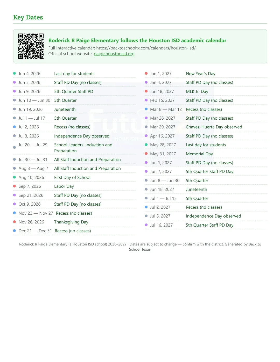Roderick R Paige Elementary Calendar for the Year 26-27 — key dates