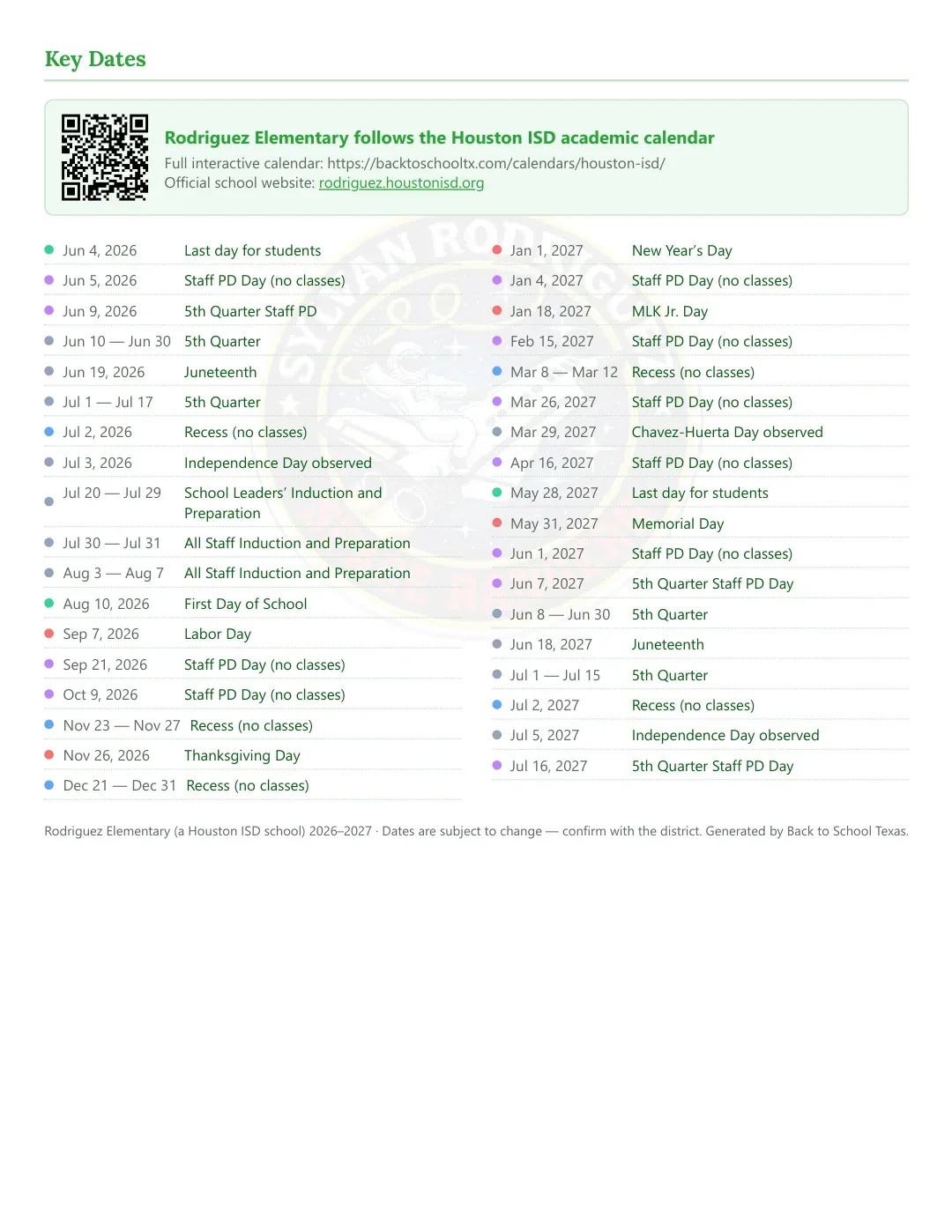 Rodriguez Elementary Calendar for the Year 26-27 — key dates