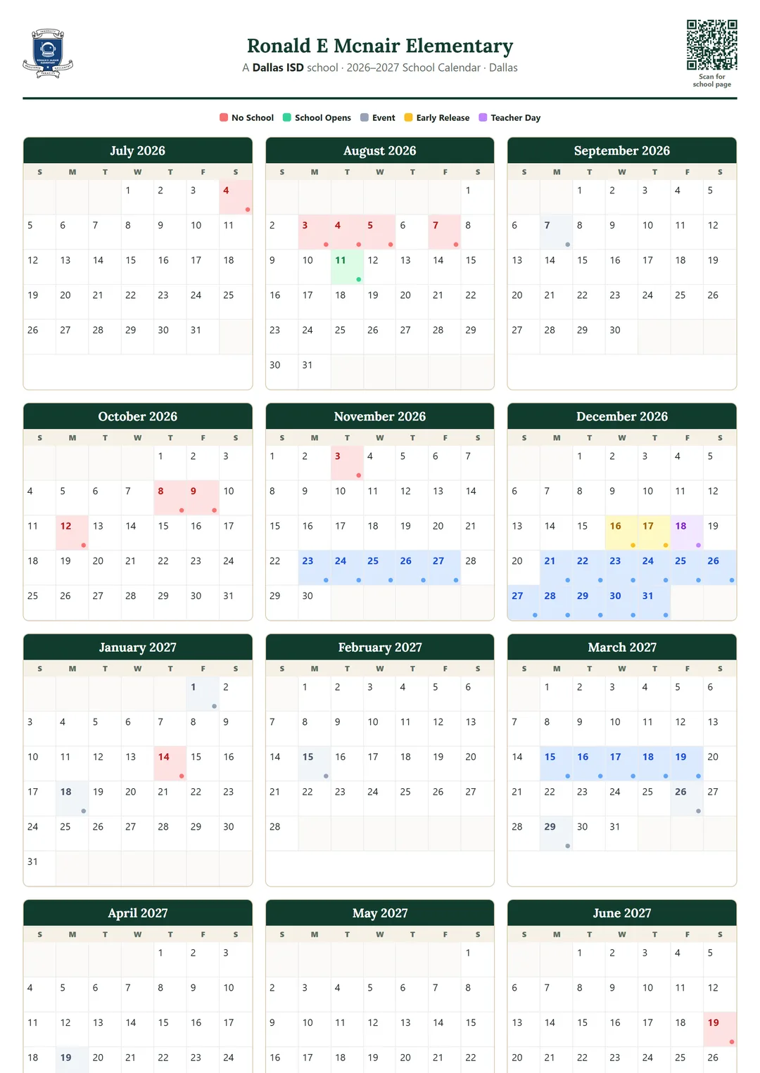 Ronald E Mcnair Elementary printable 2026–2027 calendar