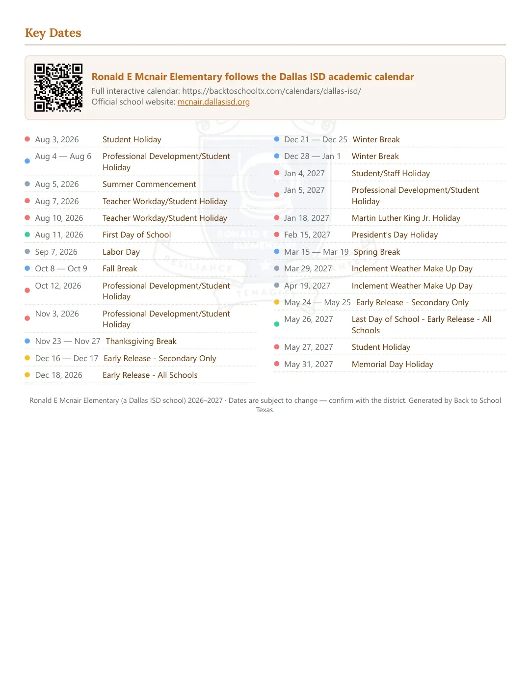 Ronald E Mcnair Elementary Calendar for the Year 26-27 — key dates