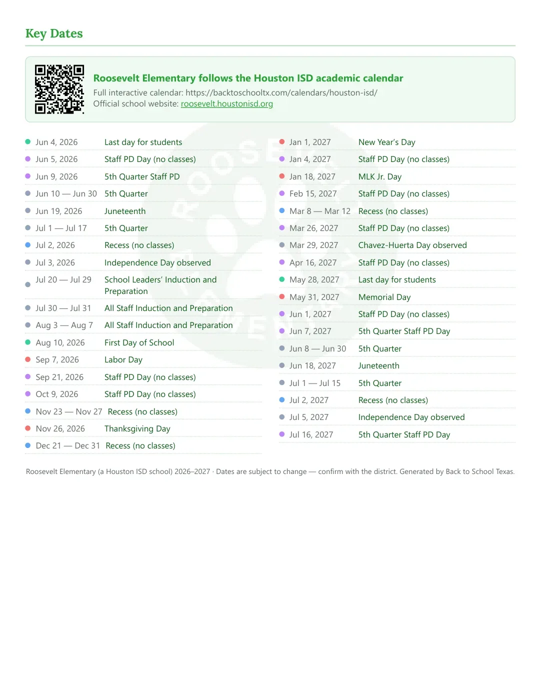 Roosevelt Elementary Calendar for the Year 26-27 — key dates