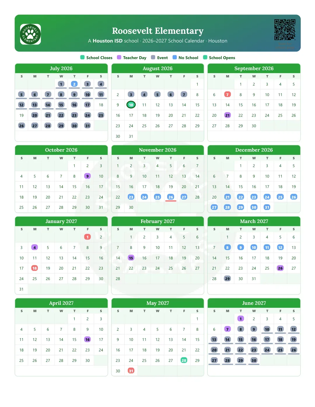 Roosevelt Elementary Calendar for the Year 26-27