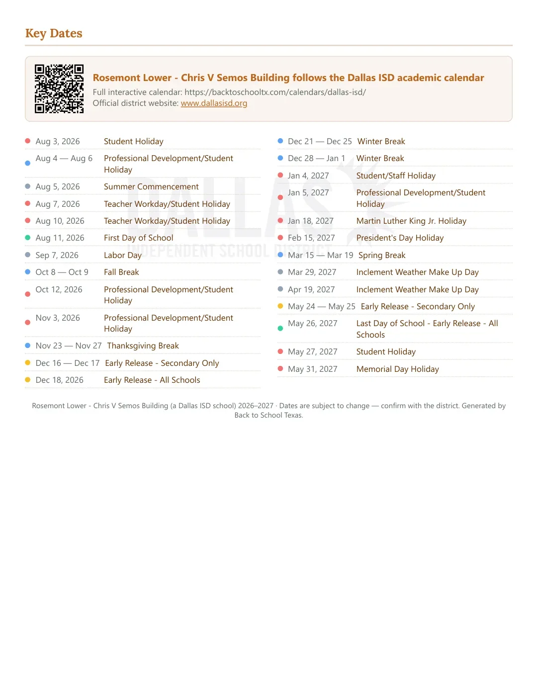 Rosemont Lower - Chris V Semos Building Calendar for the Year 26-27 — key dates