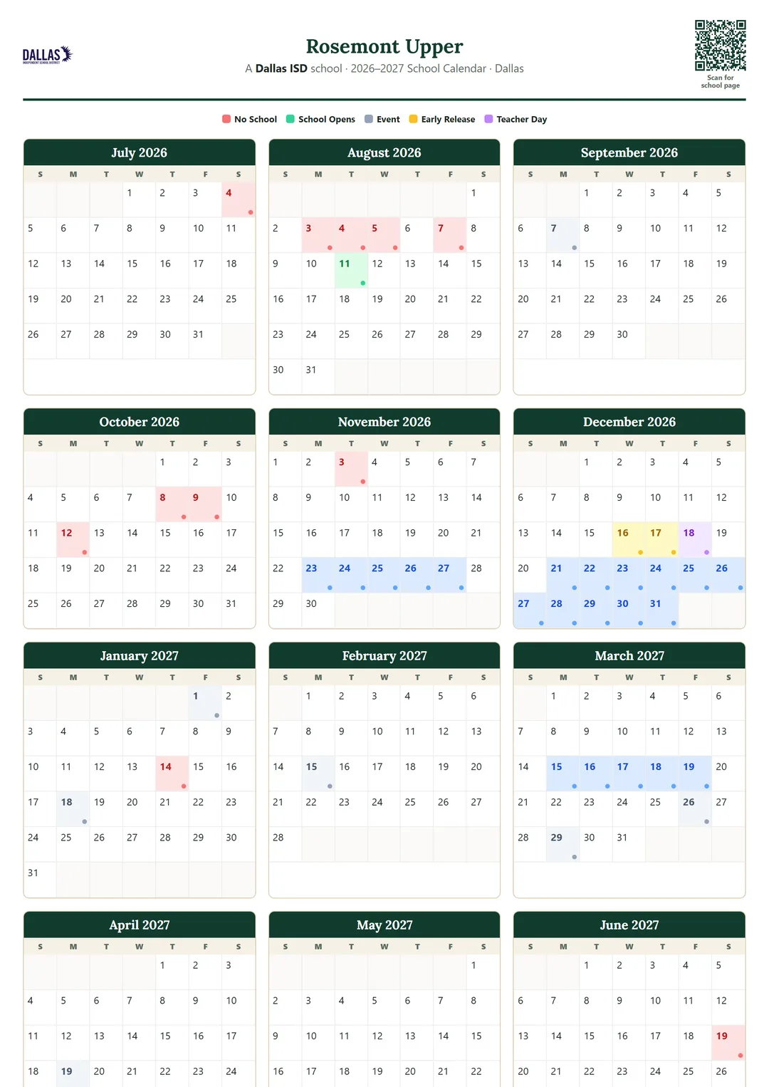 Rosemont Upper printable 2026–2027 calendar
