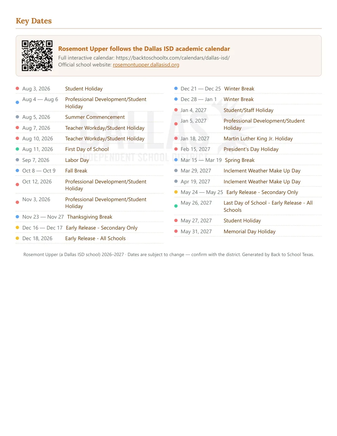 Rosemont Upper Calendar for the Year 26-27 — key dates