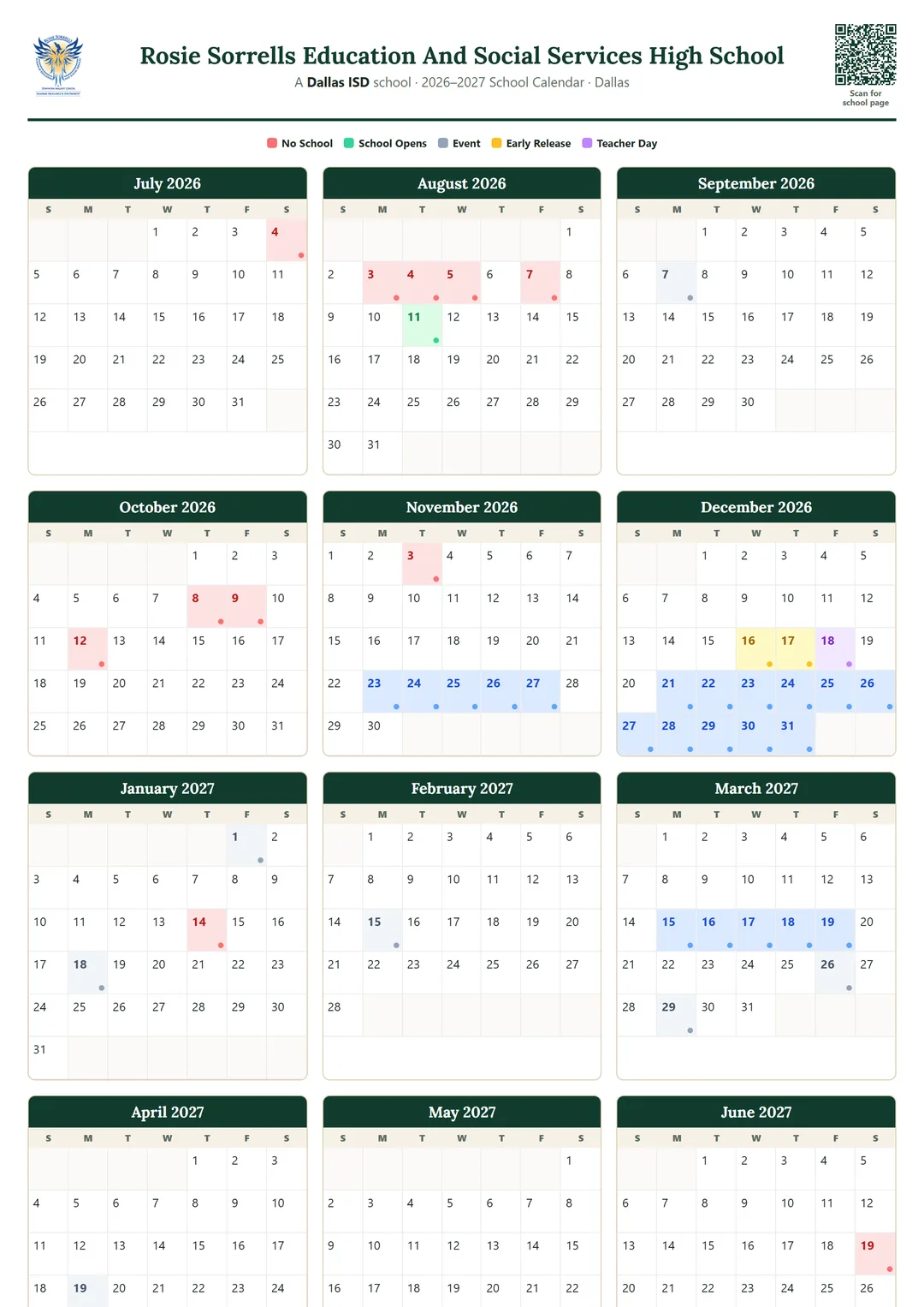 Rosie Sorrells Education And Social Services High School printable 2026–2027 calendar