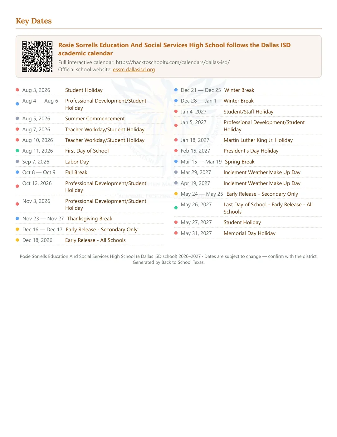 Rosie Sorrells Education And Social Services High School Calendar for the Year 26-27 — key dates