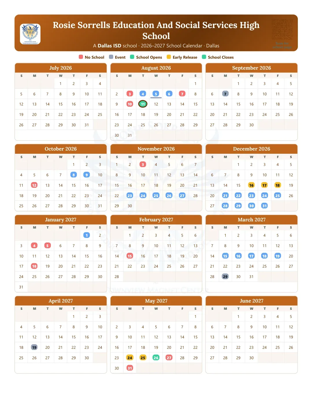 Rosie Sorrells Education And Social Services High School Calendar for the Year 26-27