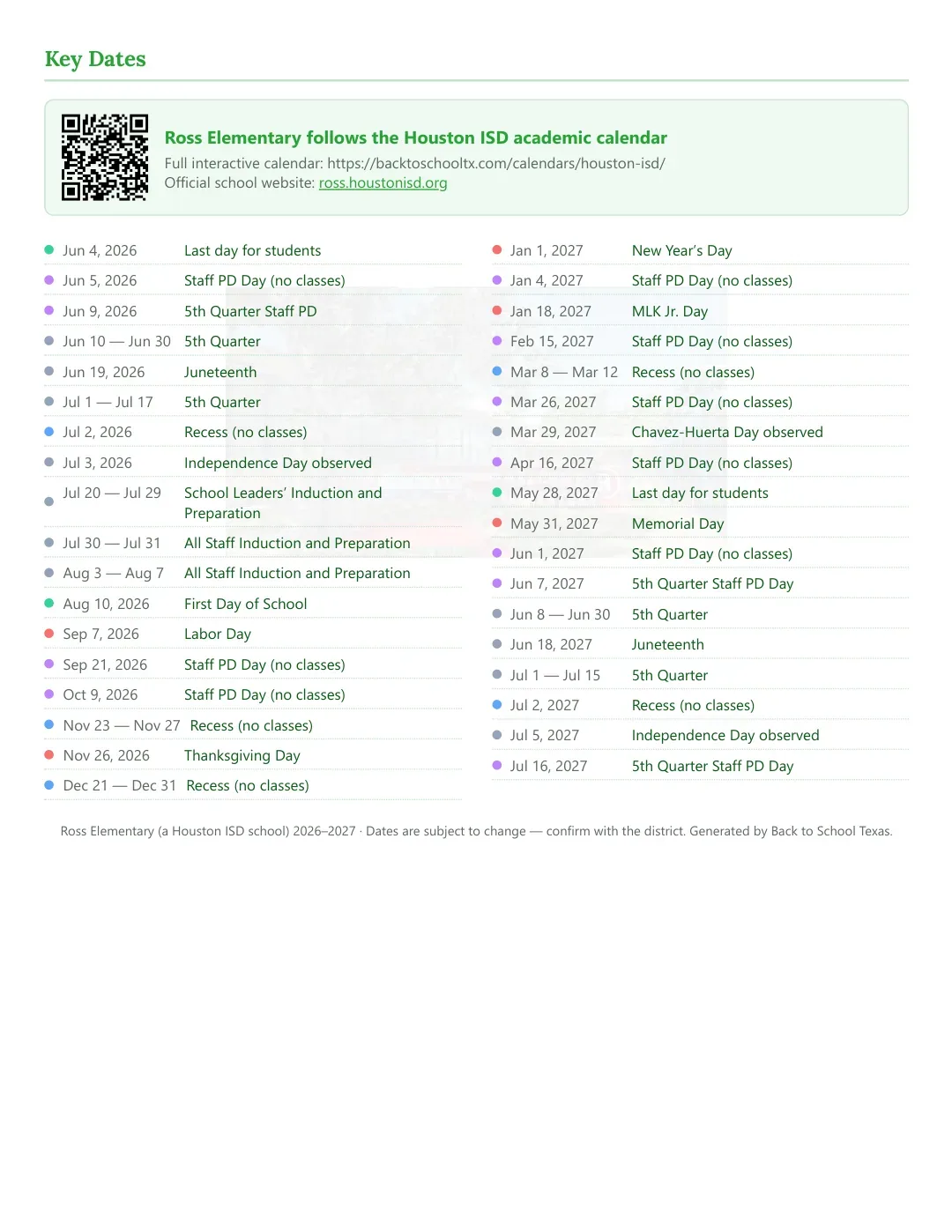 Ross Elementary Calendar for the Year 26-27 — key dates