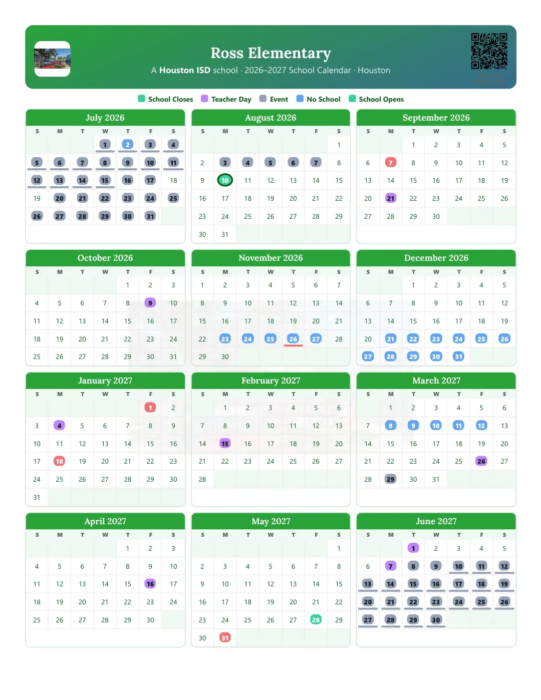 Ross Elementary Calendar for the Year 26-27