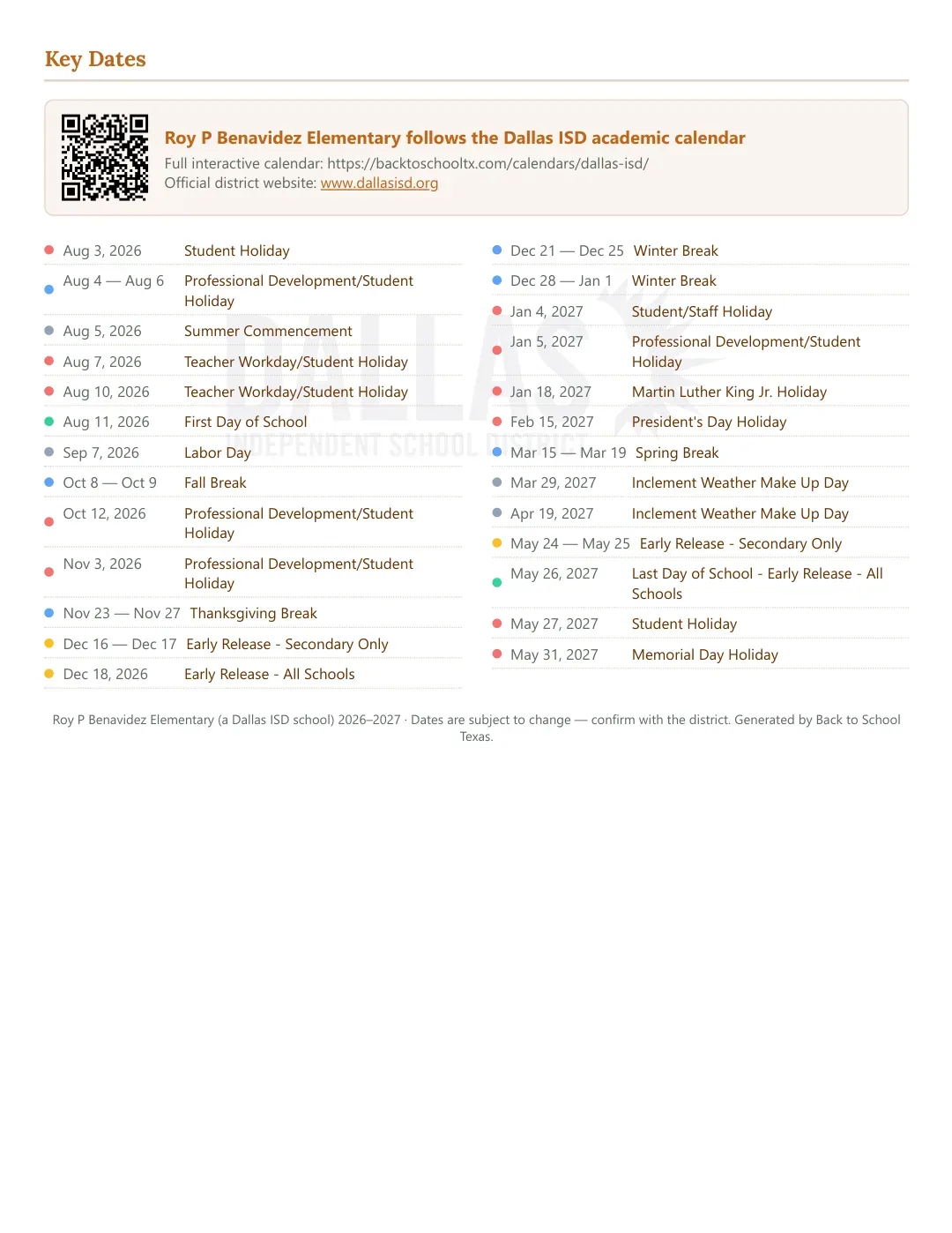 Roy P Benavidez Elementary Calendar for the Year 26-27 — key dates