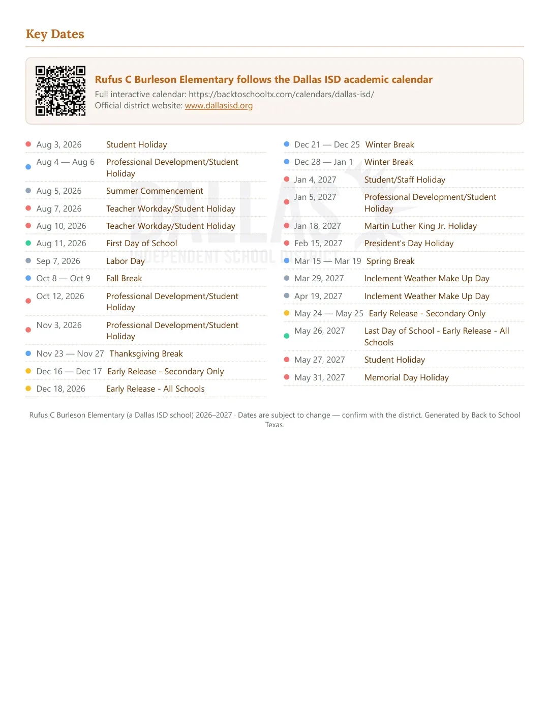 Rufus C Burleson Elementary Calendar for the Year 26-27 — key dates