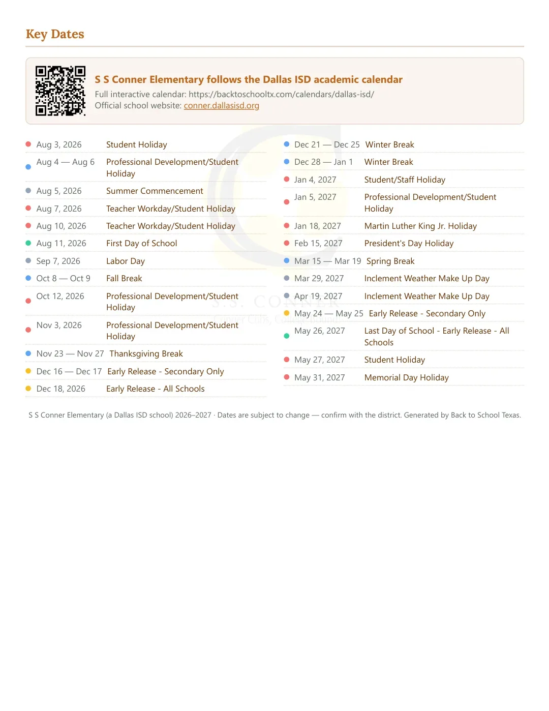 S S Conner Elementary Calendar for the Year 26-27 — key dates