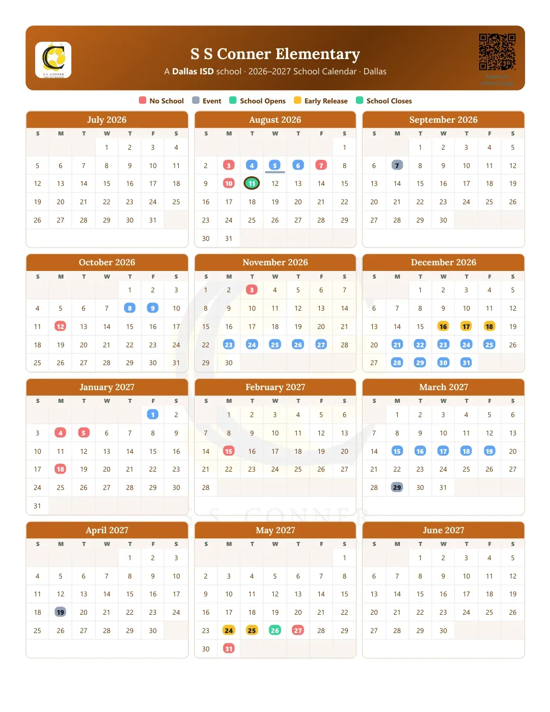 S S Conner Elementary Calendar for the Year 26-27
