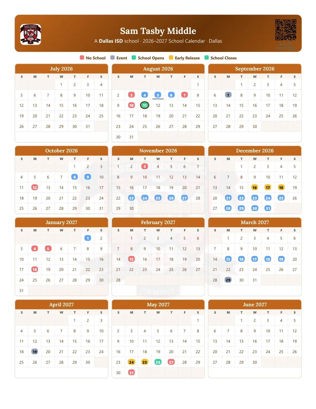 Sam Tasby Middle Calendar for the Year 26-27
