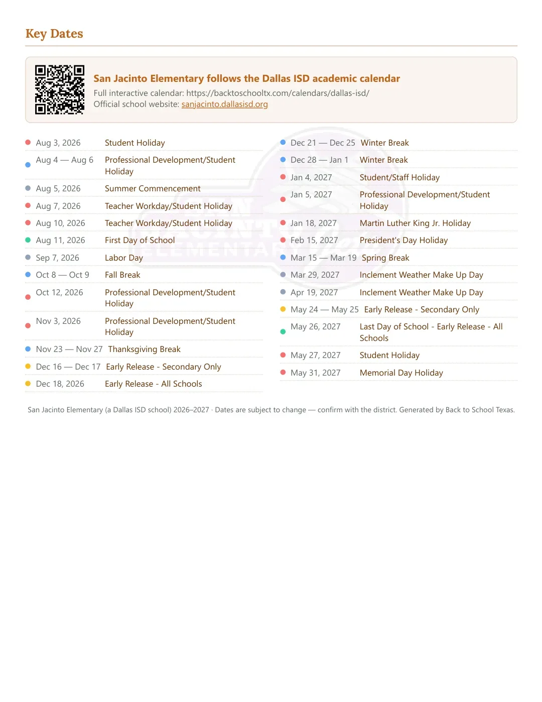 San Jacinto Elementary Calendar for the Year 26-27 — key dates