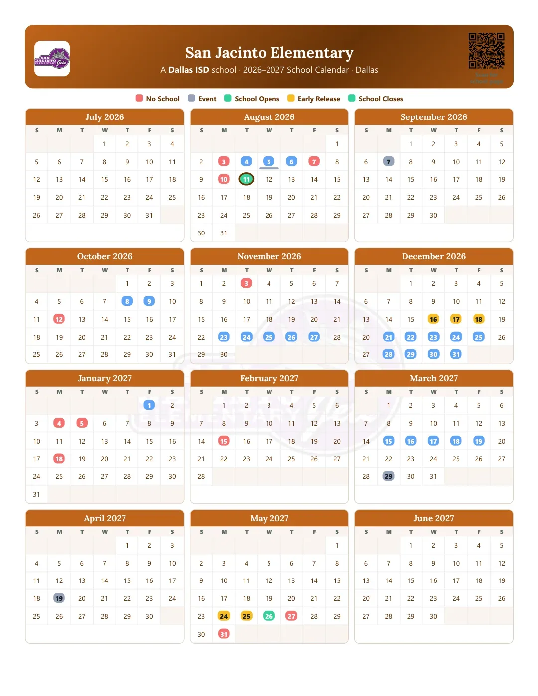 San Jacinto Elementary Calendar for the Year 26-27