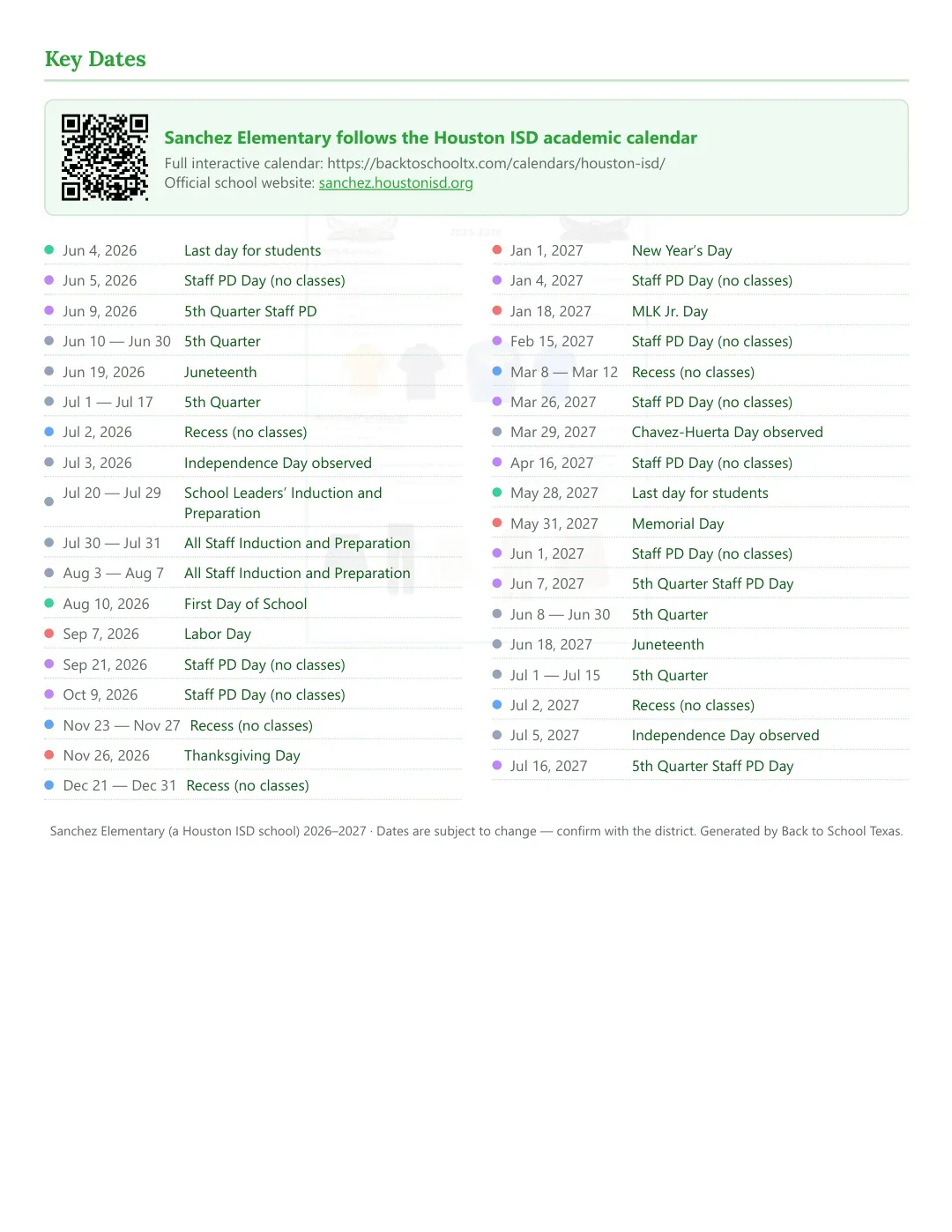 Sanchez Elementary Calendar for the Year 26-27 — key dates